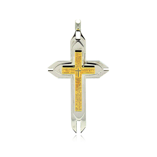 Cruz de oración del Padre Nuestro en español, chapada en oro y rodio, con capas de acero inoxidable - SSP00216