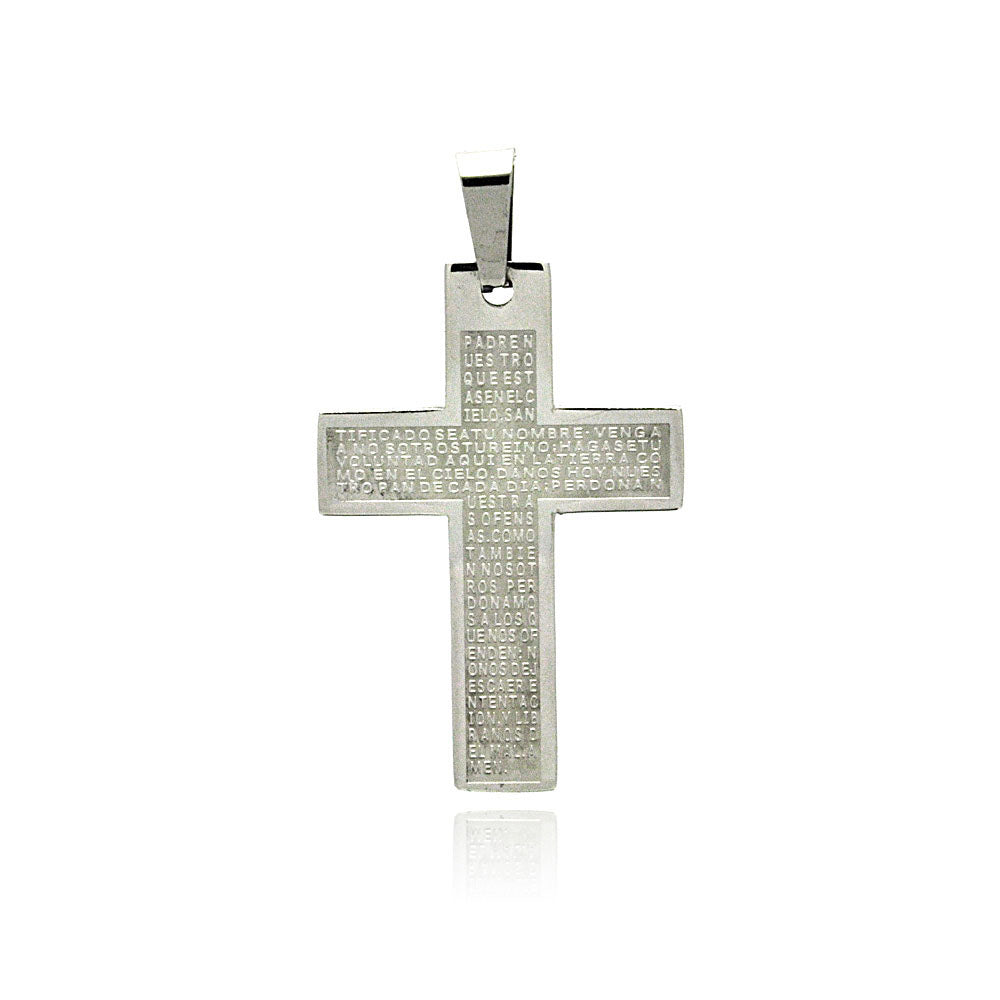 Cruz con oración del Padre Nuestro en acero inoxidable rodiado - SSP00218