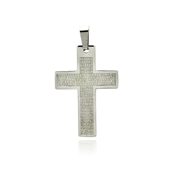 Cruz con oración del Padre Nuestro en acero inoxidable rodiado - SSP00218