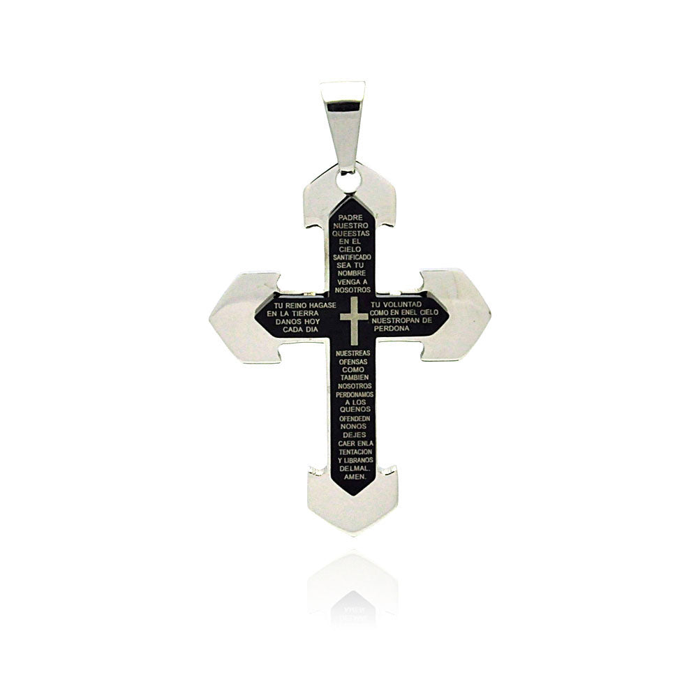 Black & Rhodium Plated Stainless Steel Our Father Prayer Cross Pendant - SSP00219