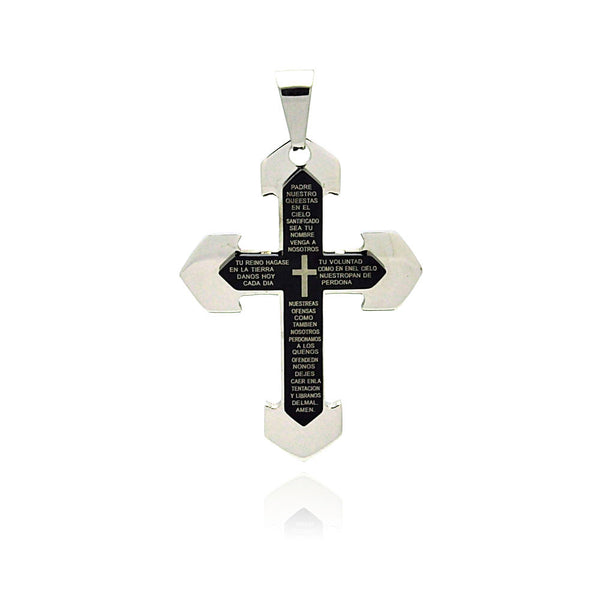 Cruz con oración del Padre Nuestro de acero inoxidable rodiado y negro - SSP00219