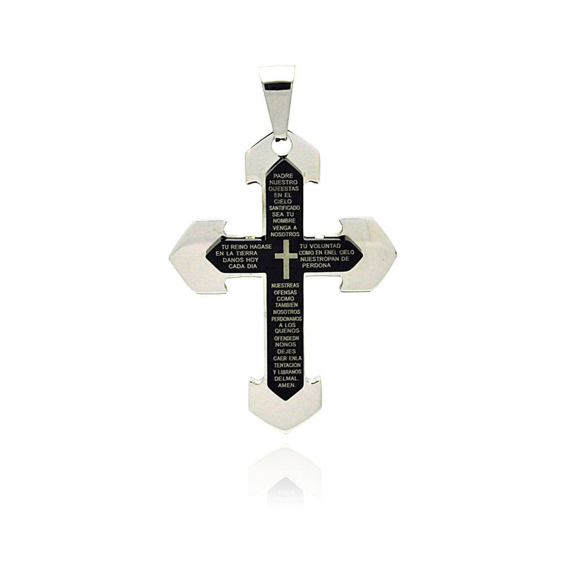 Cruz con oración del Padre Nuestro de acero inoxidable rodiado y negro - SSP00219