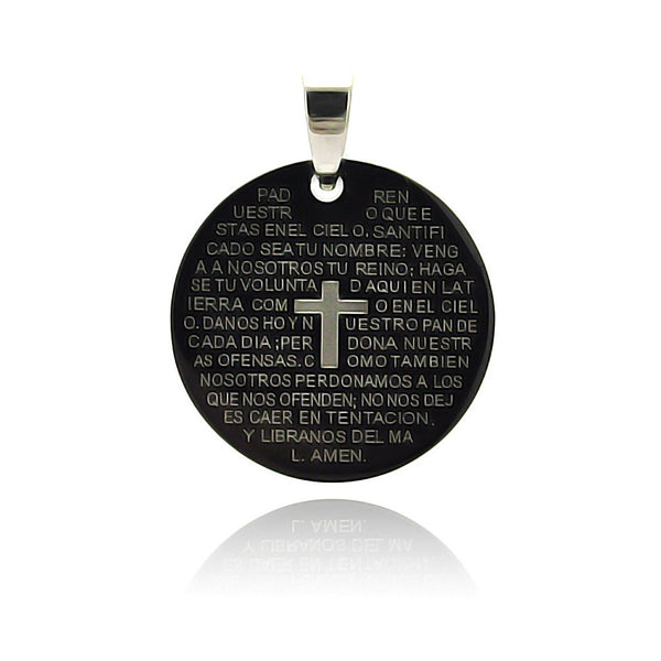 Black Rhodium Plated Stainless Steel Spanish Our Father Prayer Round Pendant - SSP00222