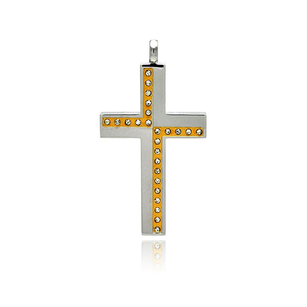 Colgante de cruz de acero inoxidable bicolor con múltiples circonitas cúbicas, chapado en oro y rodio - SSP00228