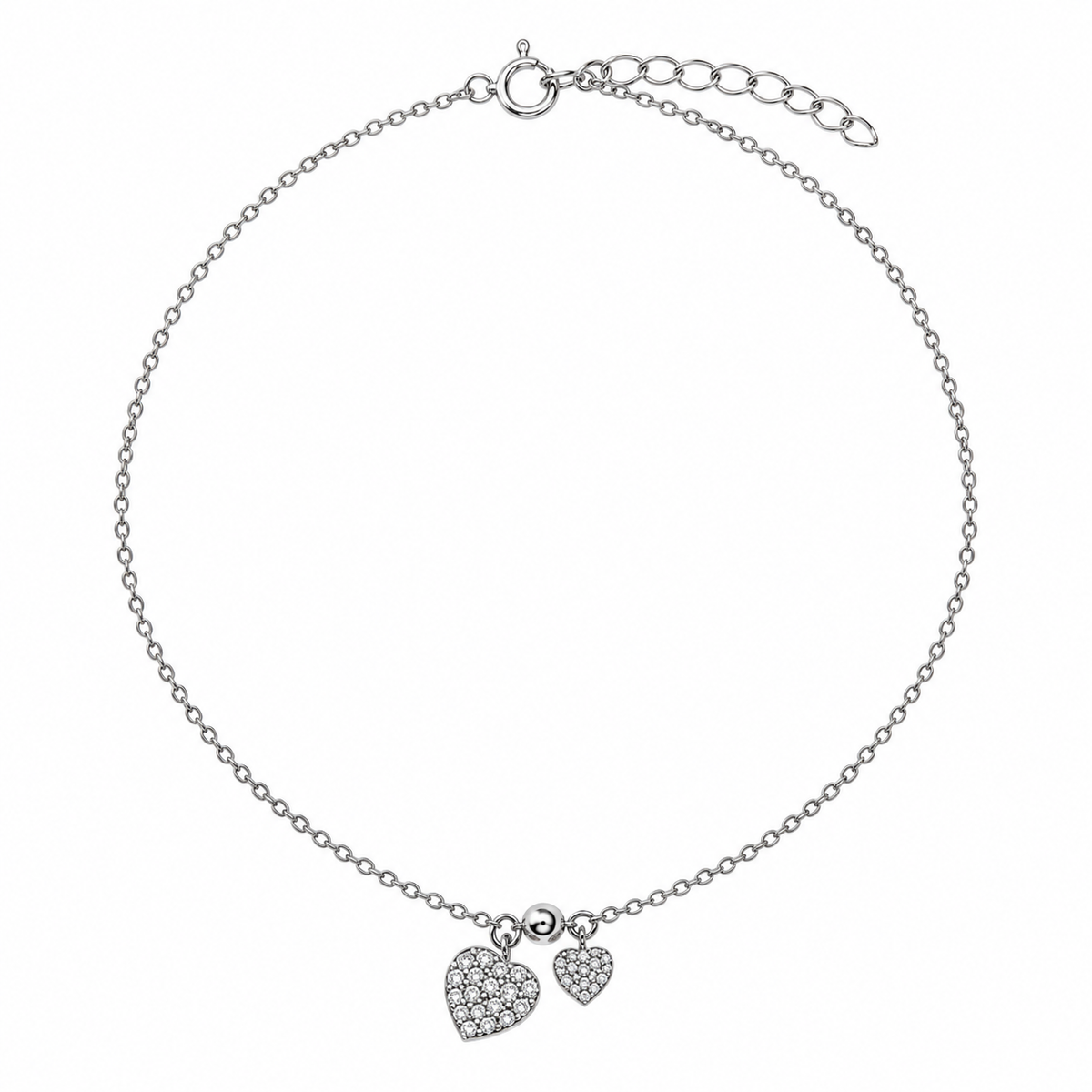 Tobillera de plata de ley 925 rodiada con dos corazones colgantes y circonita cúbica transparente - STA00001