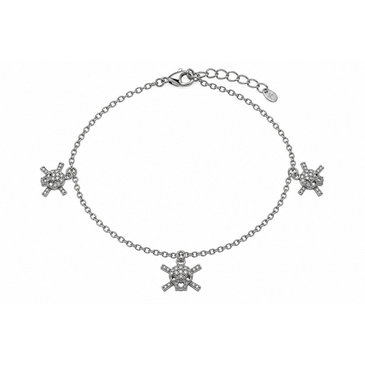 Rhodium Plated 925 Sterling Silver Multi CZ Skull Charm Ankelet - STA00370