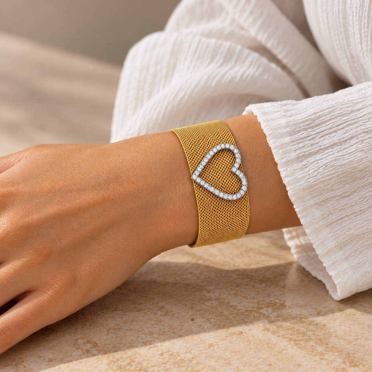 Final Price-Gold Plated 925 Sterling Silver Open CZ Heart Mesh Bracelet - STB00250