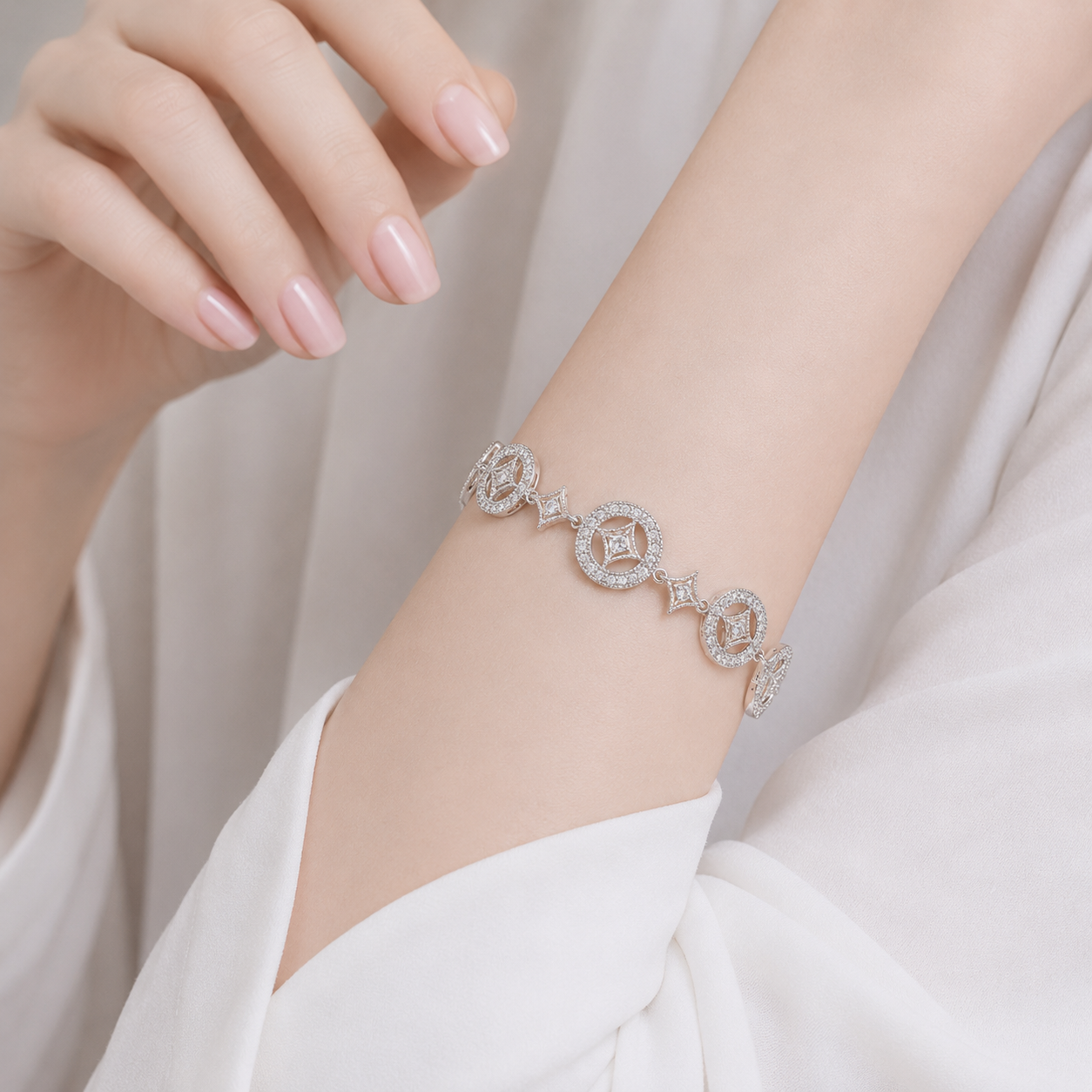 Clearance - Rhodium Plated 925 Silver Elegant Diamond and Circle CZ Bracelet- STB00265