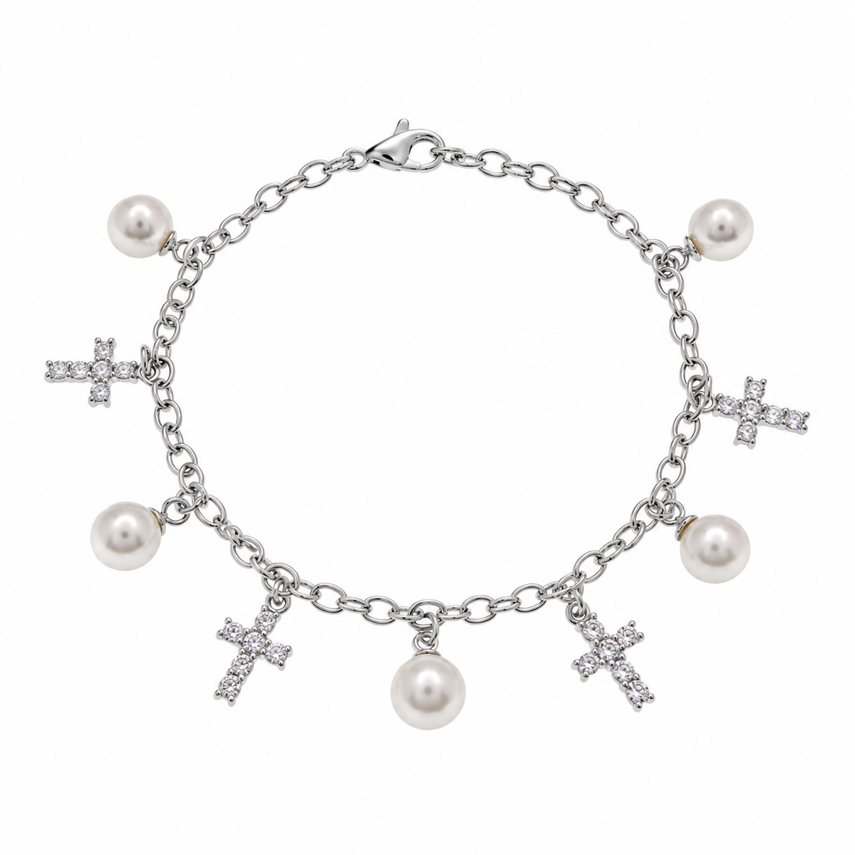 Rhodium Plated 925 Sterling Silver Pearl & CZ Cross Clear CZ Charm Bracelet - STB00294