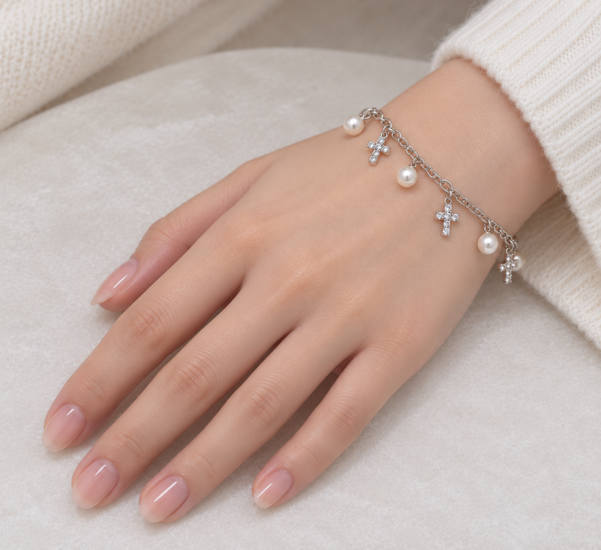 Rhodium Plated 925 Sterling Silver Pearl & CZ Cross Clear CZ Charm Bracelet - STB00294