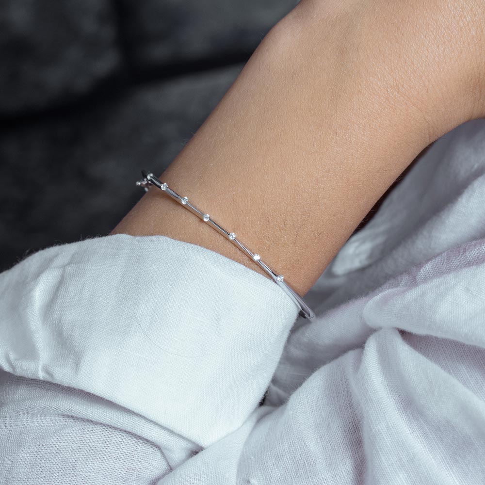 Rhodium Plated 925 Sterling Silver Clear CZ Bangle Bracelet - STB00339RH