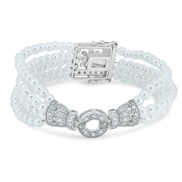 Silver 925 Rhodium Plated Multi Pearl Strand Clear CZ Square and Flower Bracelet - STB00362