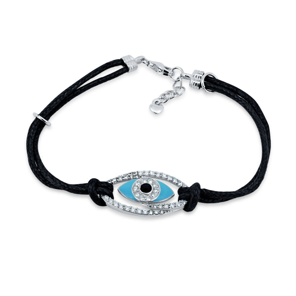 Silver 925 Rhodium Plated Evil Eye Clear and Pink Black Cord Bracelet - STB00399
