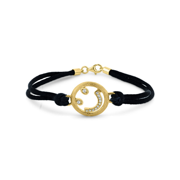 Closeout-Silver 925 Gold Plated Happy Face Clear CZ Black Cord Bracelet - STB00432