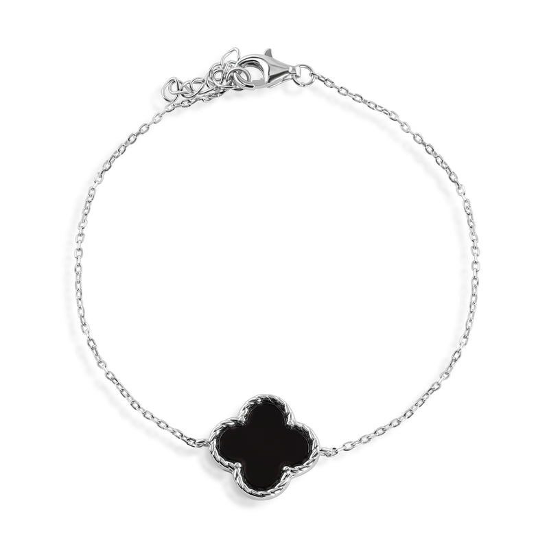 Rhodium Plated 925 Sterling Silver Black Enamel Four Leaf Clover Adjustable Bracelet - STB00626-BLK