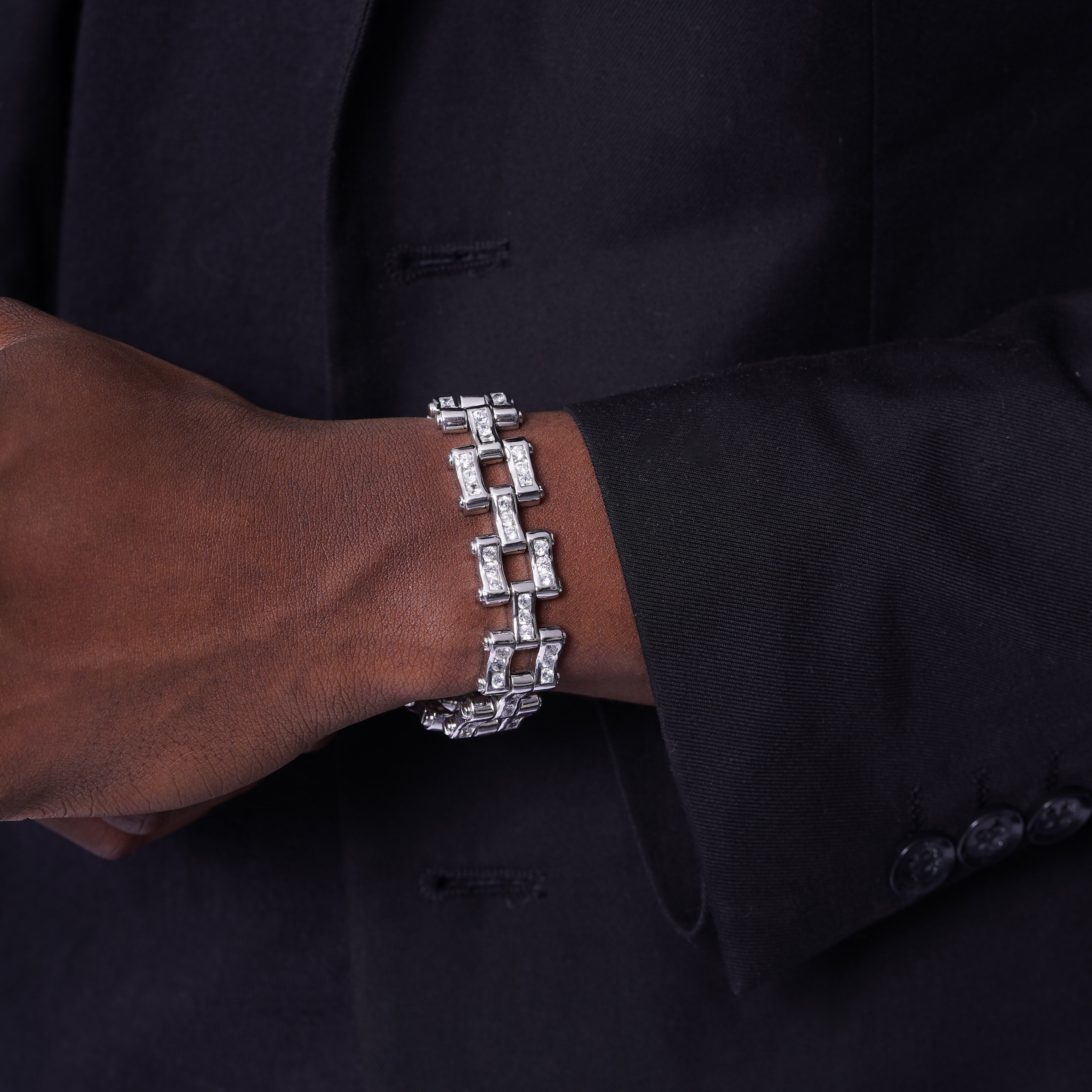 Rhodium Plated 925 Sterling Silver CZ Bike Chain Link Bracelet - STBM00020
