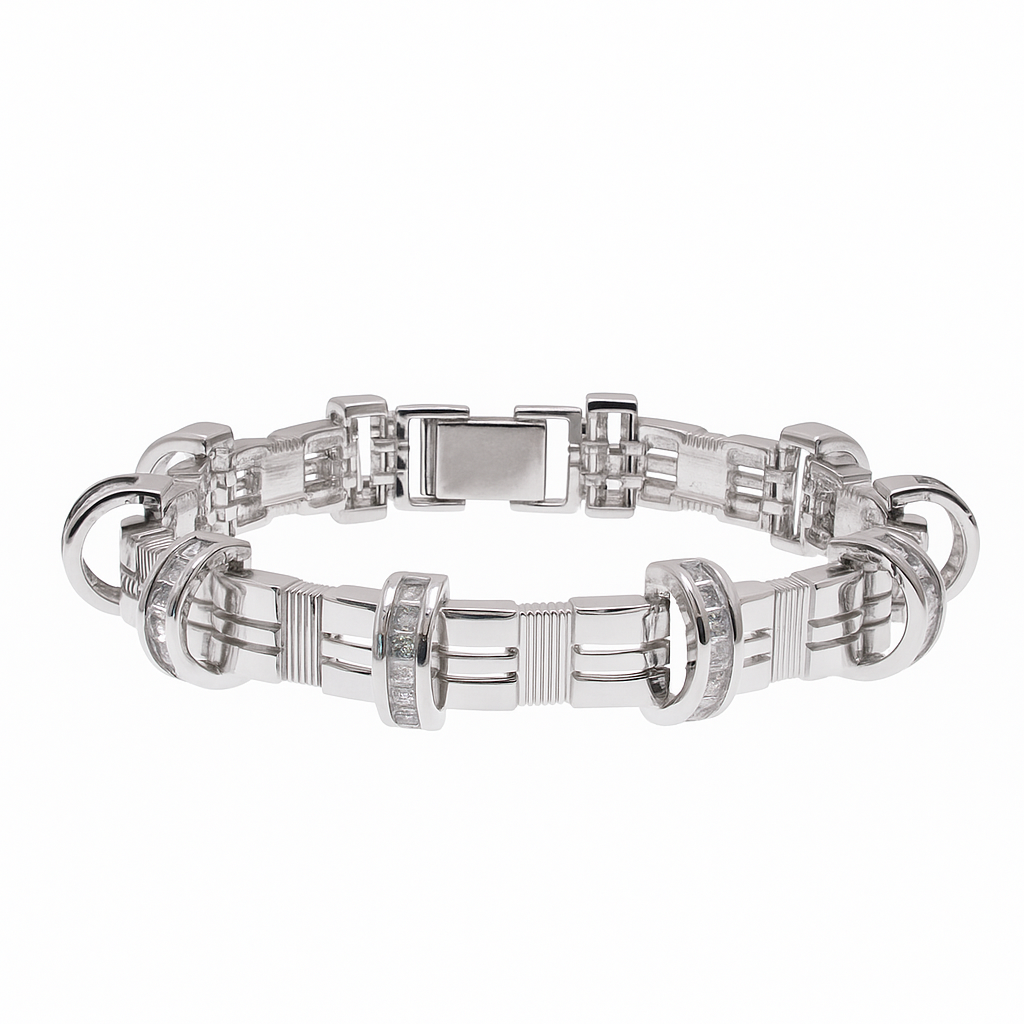 Rhodium Plated 925 Sterling Silver CZ Encrusted Arc Men's Bracelet - STBM00003
