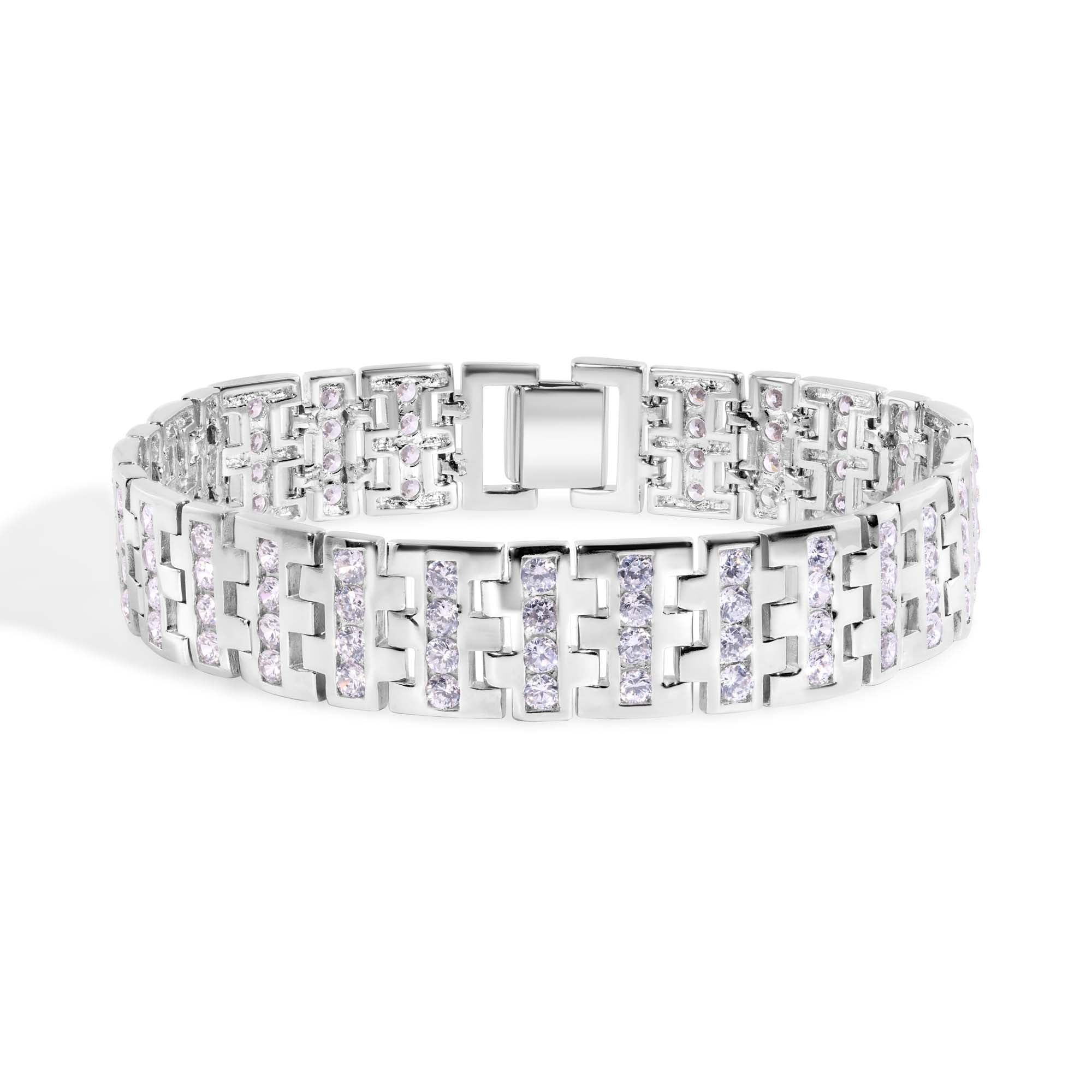 Men's Rhodium Plated 925 Sterling Silver Interlocking Clear Square CZ Studded 15mm Bracelet - STBM00002