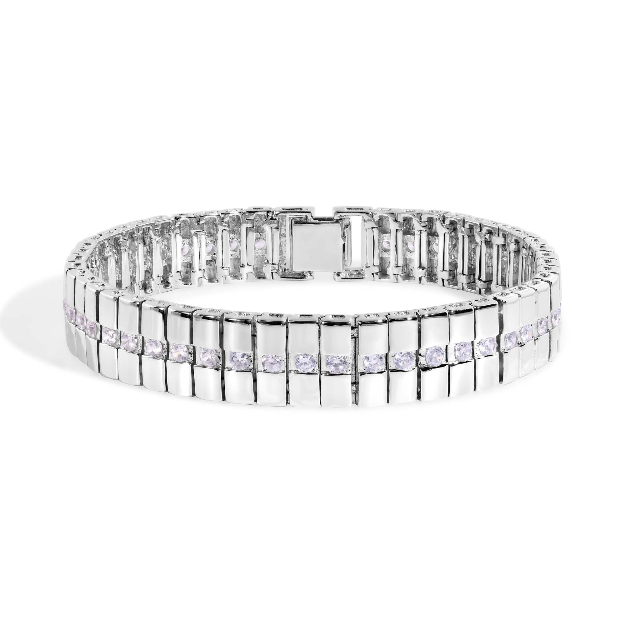 Rhodium Plated 925 Sterling Silver Centered CZ Line Men's Hip Hop Bracelet - STBM00007