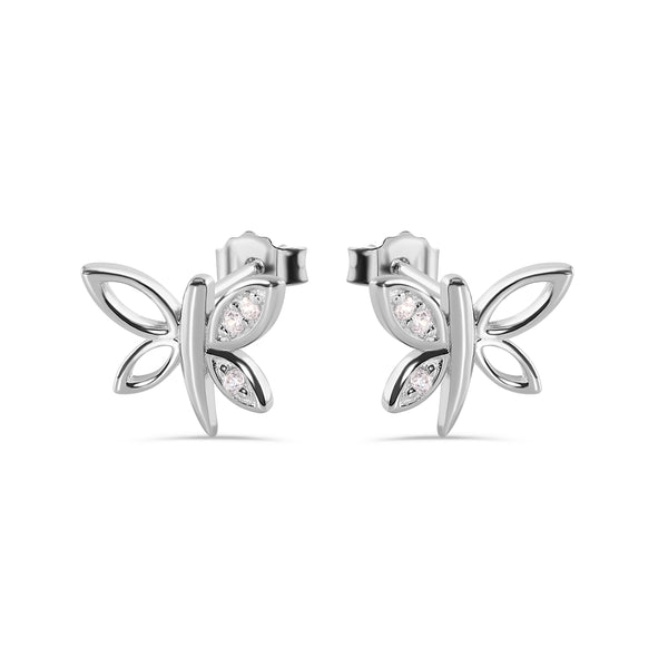 Silver 925 Rhodium Plated Dragonfly Butterfly CZ Stud Earrings - STE00457