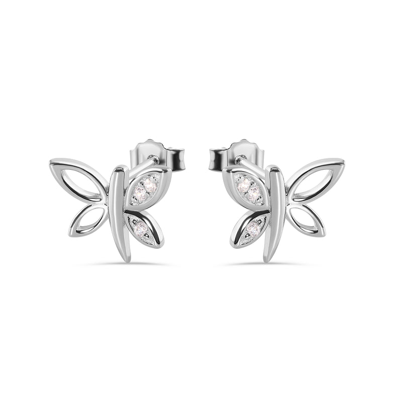 Silver 925 Rhodium Plated Dragonfly Butterfly CZ Stud Earrings - STE00457