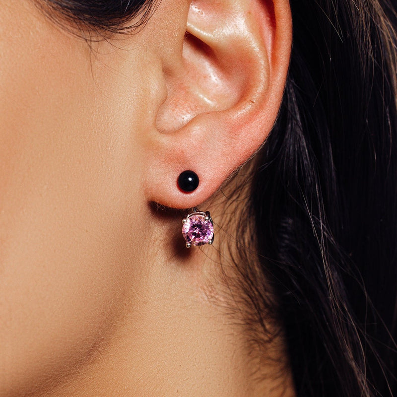 925 Sterling Silver Birthstone Black Synthetic Pearl Pink CZ Front and Back Earring - STE00999OCT