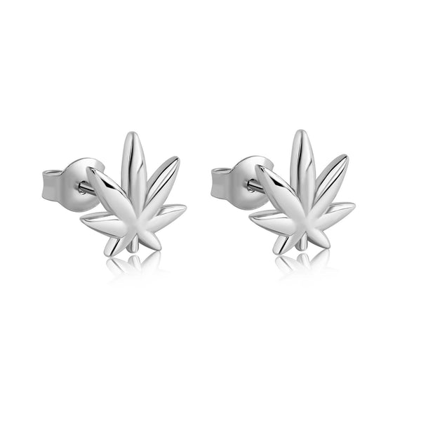 Rhodium Plated 925 Sterling Silver Cannabis Stud Earrings - STE01334