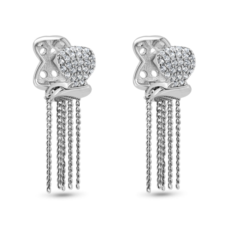 925 Sterling Silver Rhodium Plated Tassel CZ Hoop Earring - STE01355