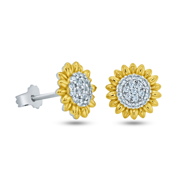 Sterling Silver Rhodium Plated 2 Toned Sunflower CZ Stud Earrings - STE01369
