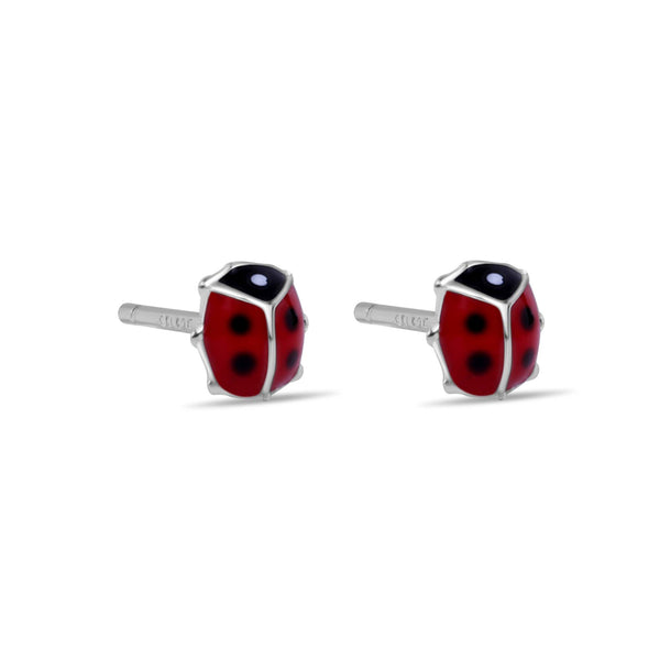 Sterling Silver Rhodium Plated Enamel Red Lady Bug Earrings - STE01374