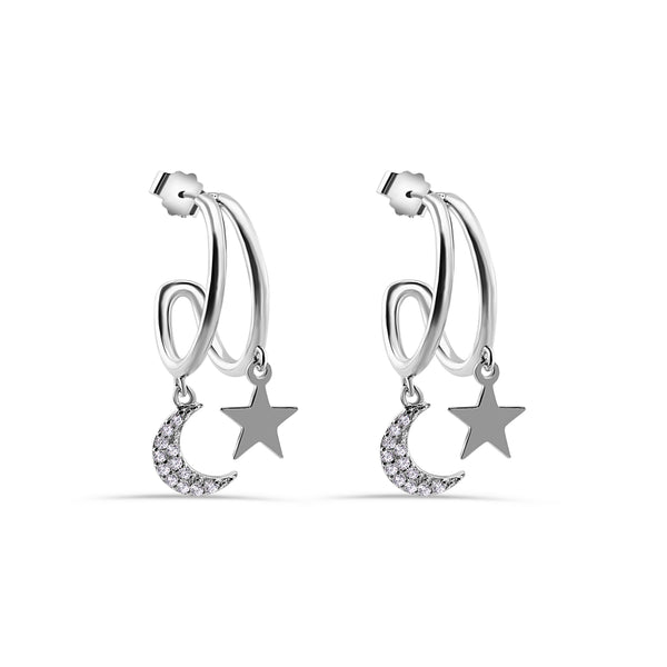 Rhodium Plated 925 Sterling Silver Moon and Star Hoop Earring - STE01383