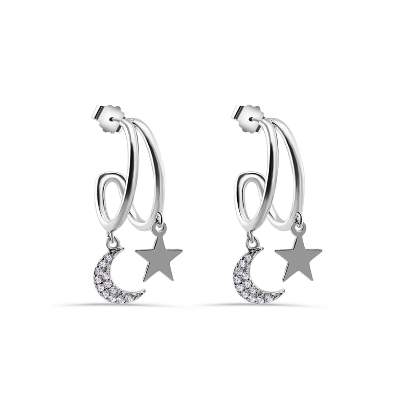 Rhodium Plated 925 Sterling Silver Moon and Star Hoop Earring - STE01383