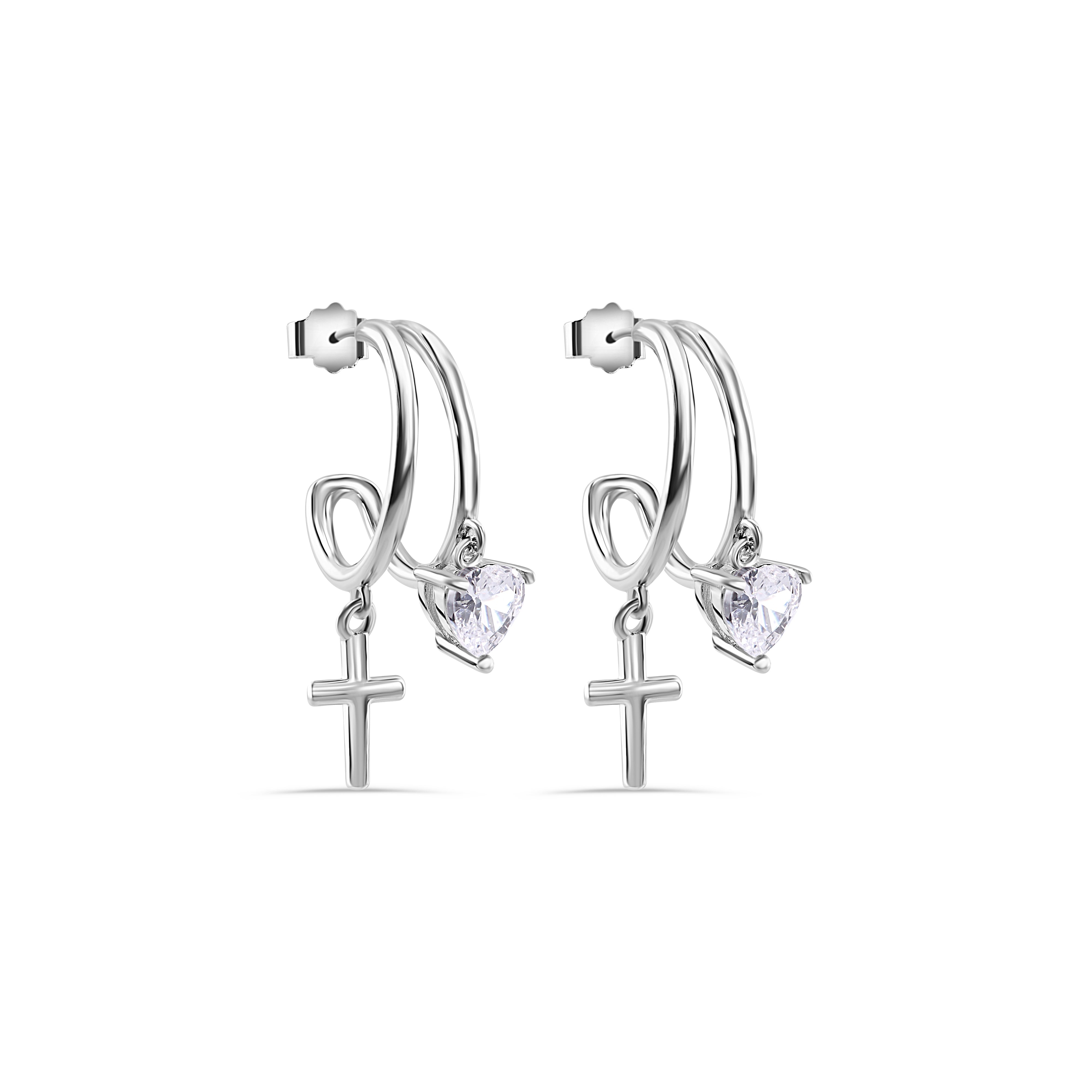 Rhodium Plated 925 Sterling Silver Heart and Cross Hoop Earring - STE01384