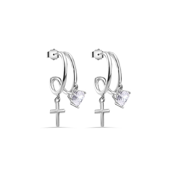 Rhodium Plated 925 Sterling Silver Heart and Cross Hoop Earring - STE01384