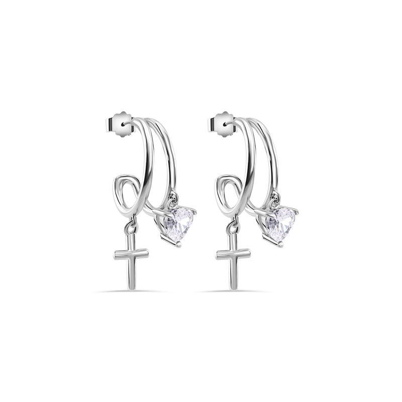 Rhodium Plated 925 Sterling Silver Heart and Cross Hoop Earring - STE01384