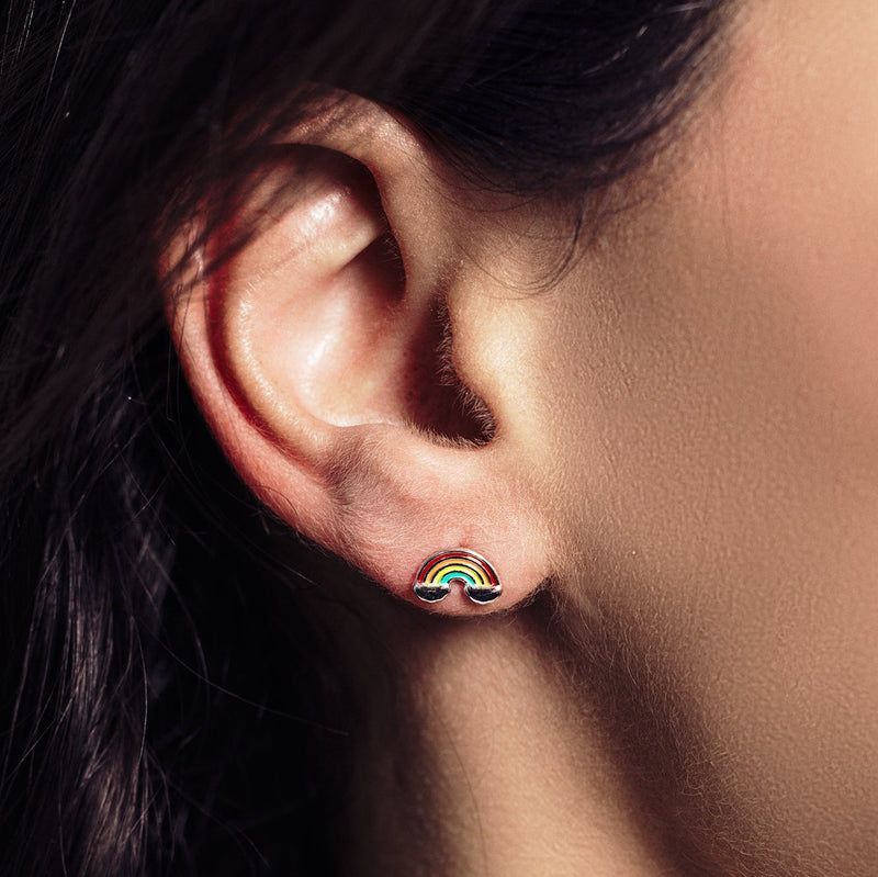 Rhodium Plated 925 Sterling Silver Enamel Rainbow Clouds Stud Earring - STE01386