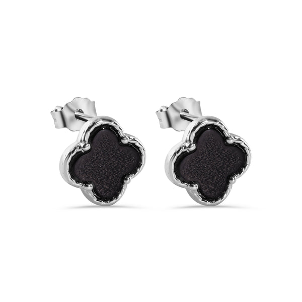 Rhodium Plated 925 Sterling Silver Black Enamel Four Leaf Clover 8.2mm Stud Earring - STE01378-BLK