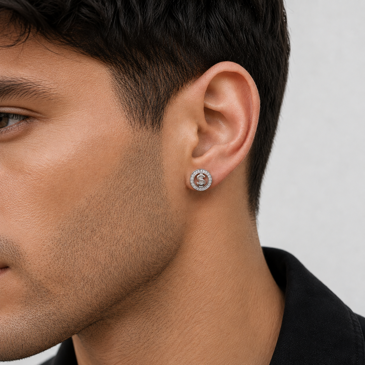 Pendientes de botón de plata de ley 925 rodiada con circonitas y signo de dólar para hombre - STEM034