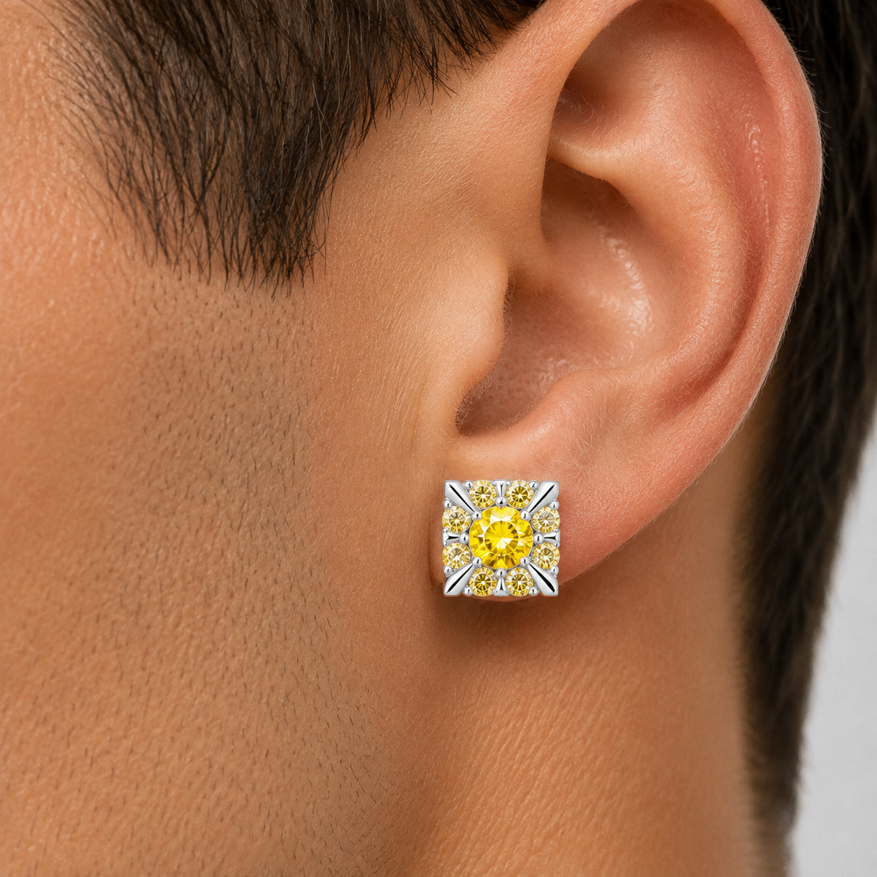 Rhodium Plated 925 Sterling Silver Men's Yellow CZ Square Sunburst Earrings - STEM056YLW