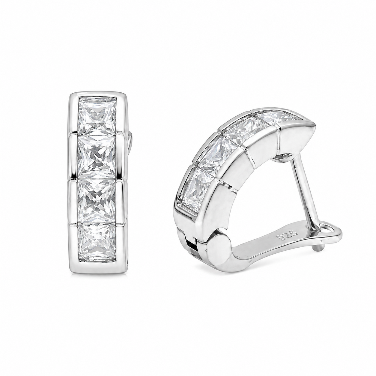 Clearance - Rhodium Plated 925 Sterling Silver Men's CZ Half Hoop Earrings - STEM114