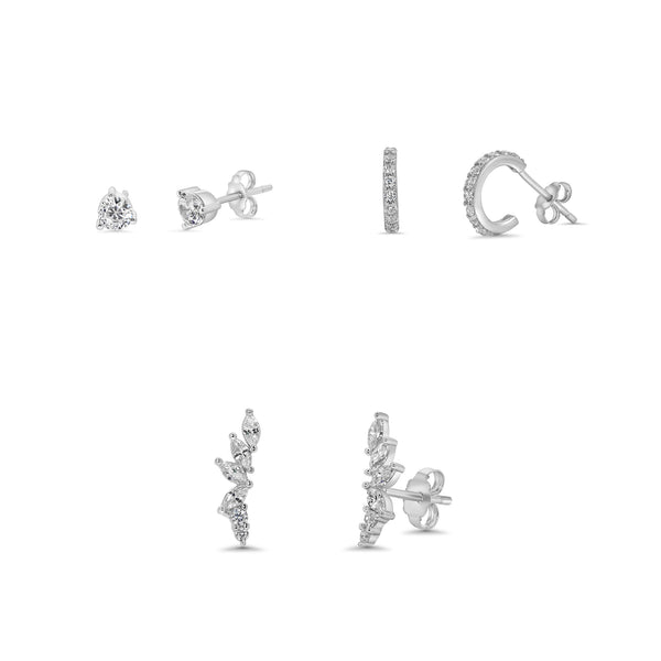 Rhodium Plated 925 Sterling Silver Semi Hoop, Marquise and Round CZ  Earring Set - STES00012