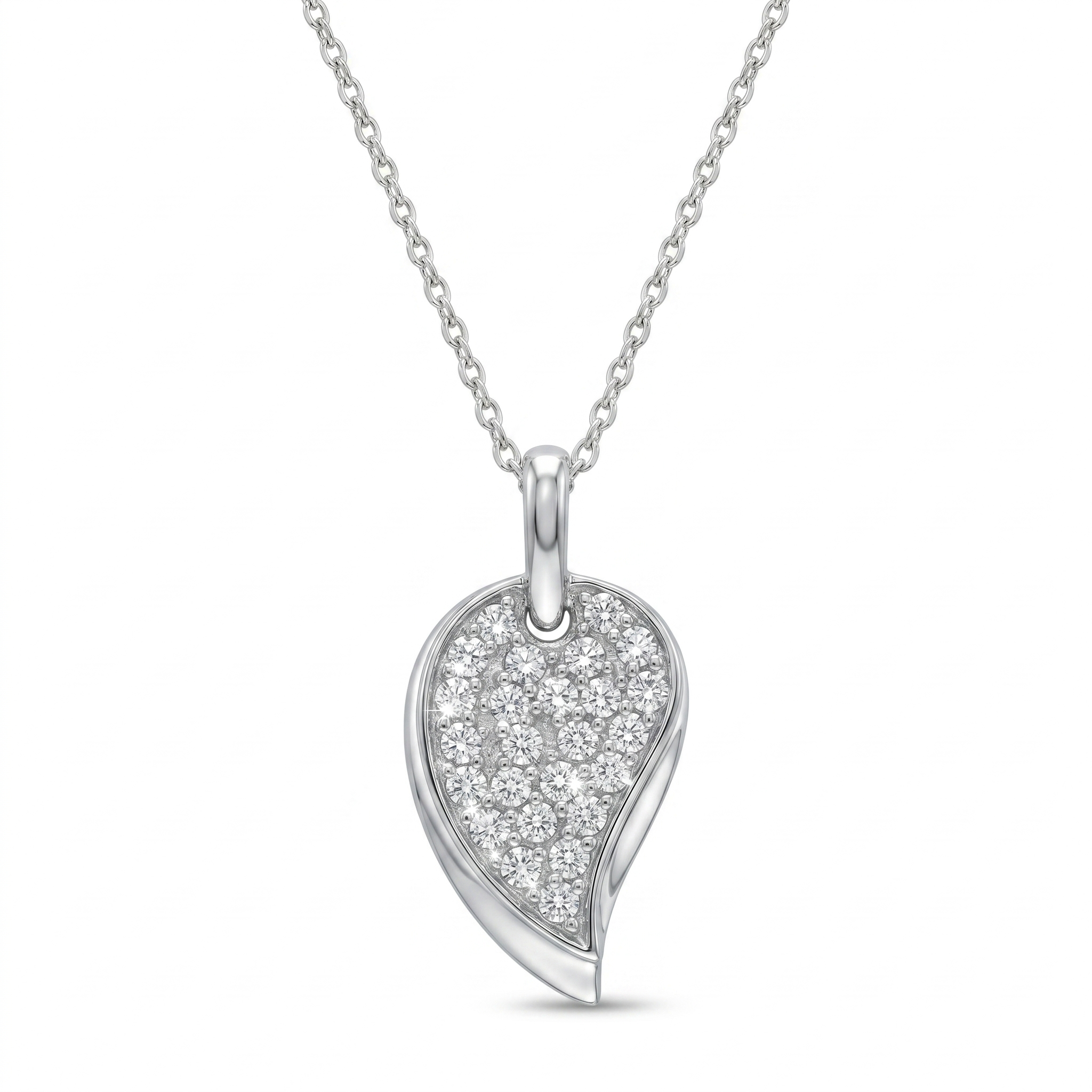 Clearance-Rhodium Plated 925 Sterling Silver Movable CZ Leaf Pendant Necklace - STP00019