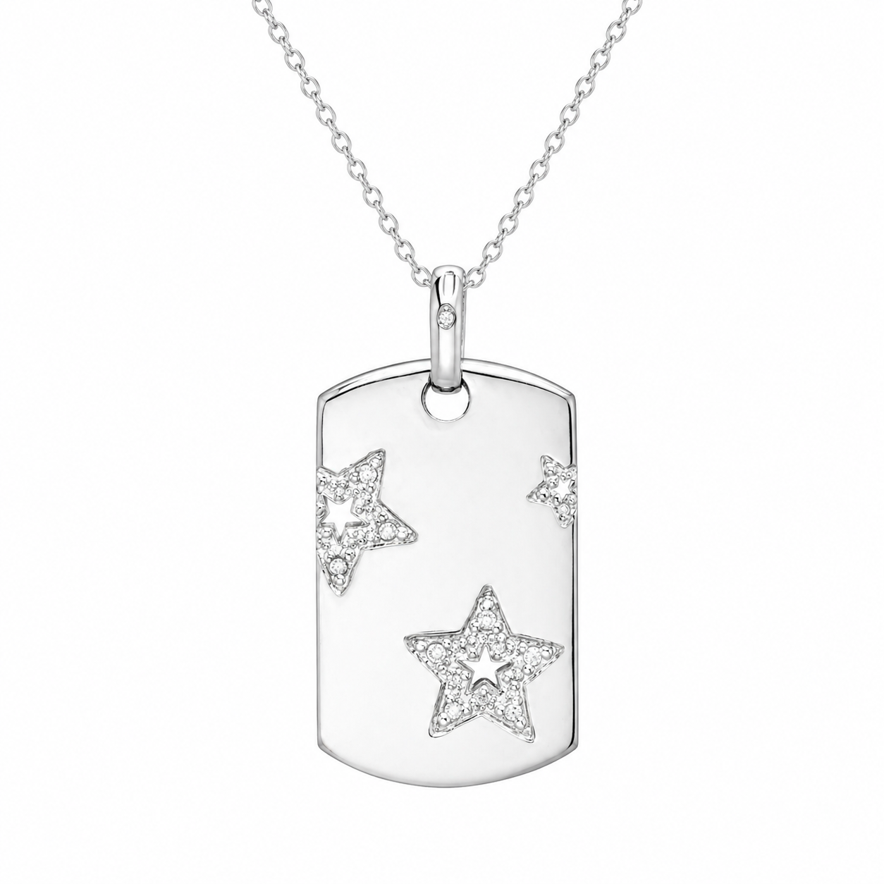 Rhodium Plated 925 Sterling Silver Clear CZ Star Dog Tag Pendant