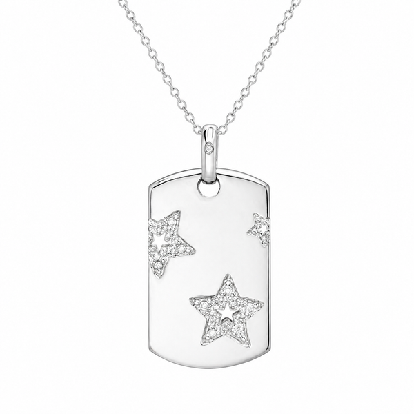 Rhodium Plated 925 Sterling Silver Clear CZ Star Dog Tag Pendant