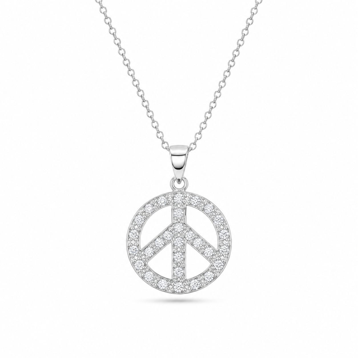 Clearance-Rhodium Plated 925 Sterling Silver CZ Peace Symbol Pendant Necklace - STP00084