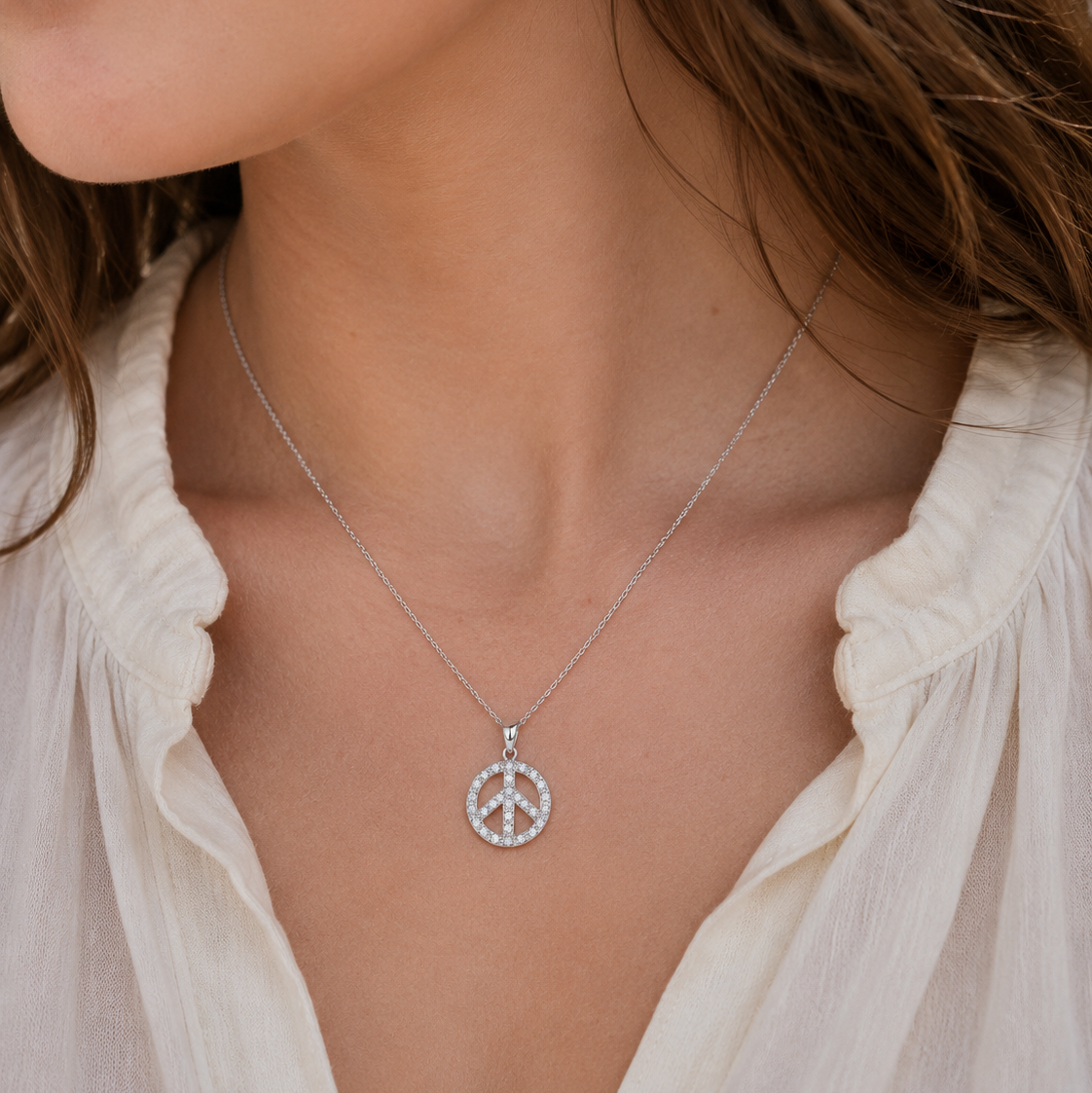 Clearance-Rhodium Plated 925 Sterling Silver CZ Peace Symbol Pendant Necklace - STP00084