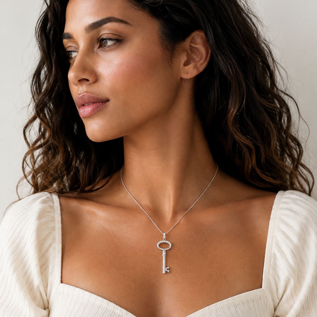 Rhodium Plated 925 Silver Thick Clear CZ Key Pendant Necklace - STP01001