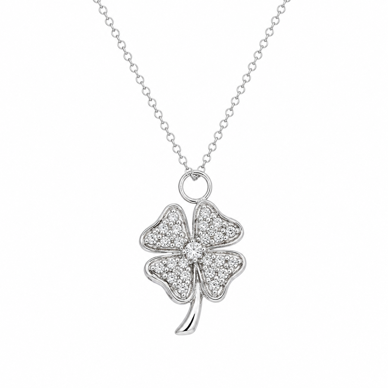 Rhodium Plated 925 Sterling Silver Double Sided CZ Clover Pendant Necklace - STP00143