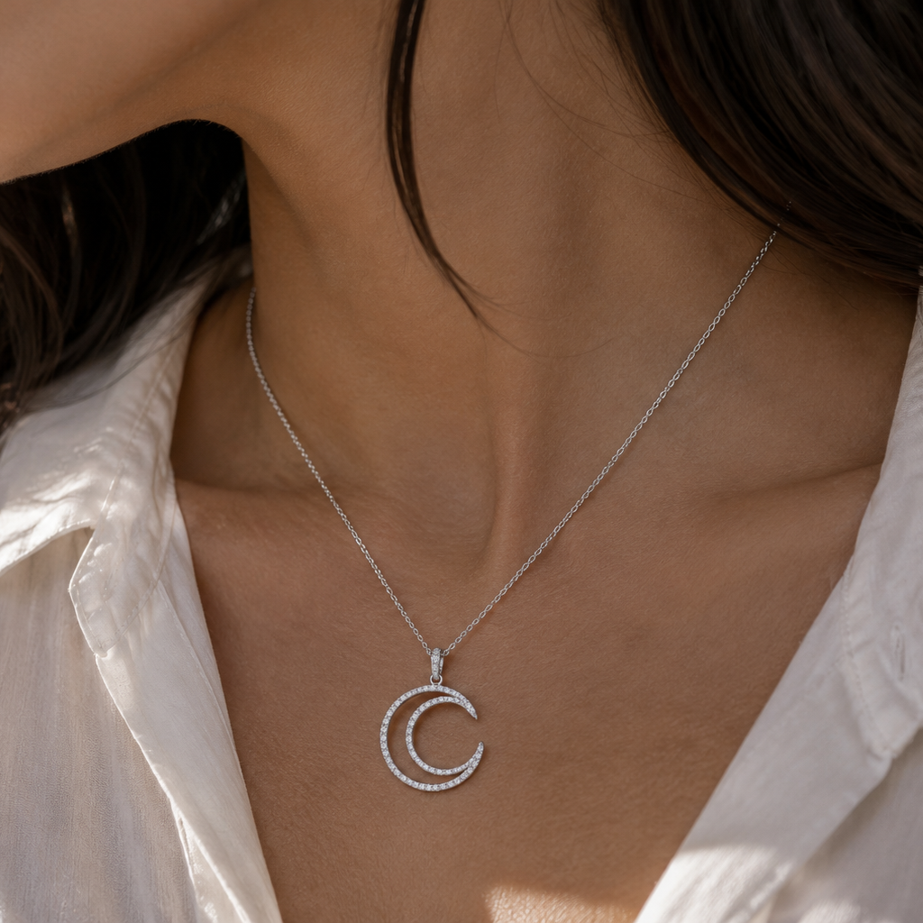 Rhodium Plated 925 Sterling Silver CZ Crescent Moon Pendant