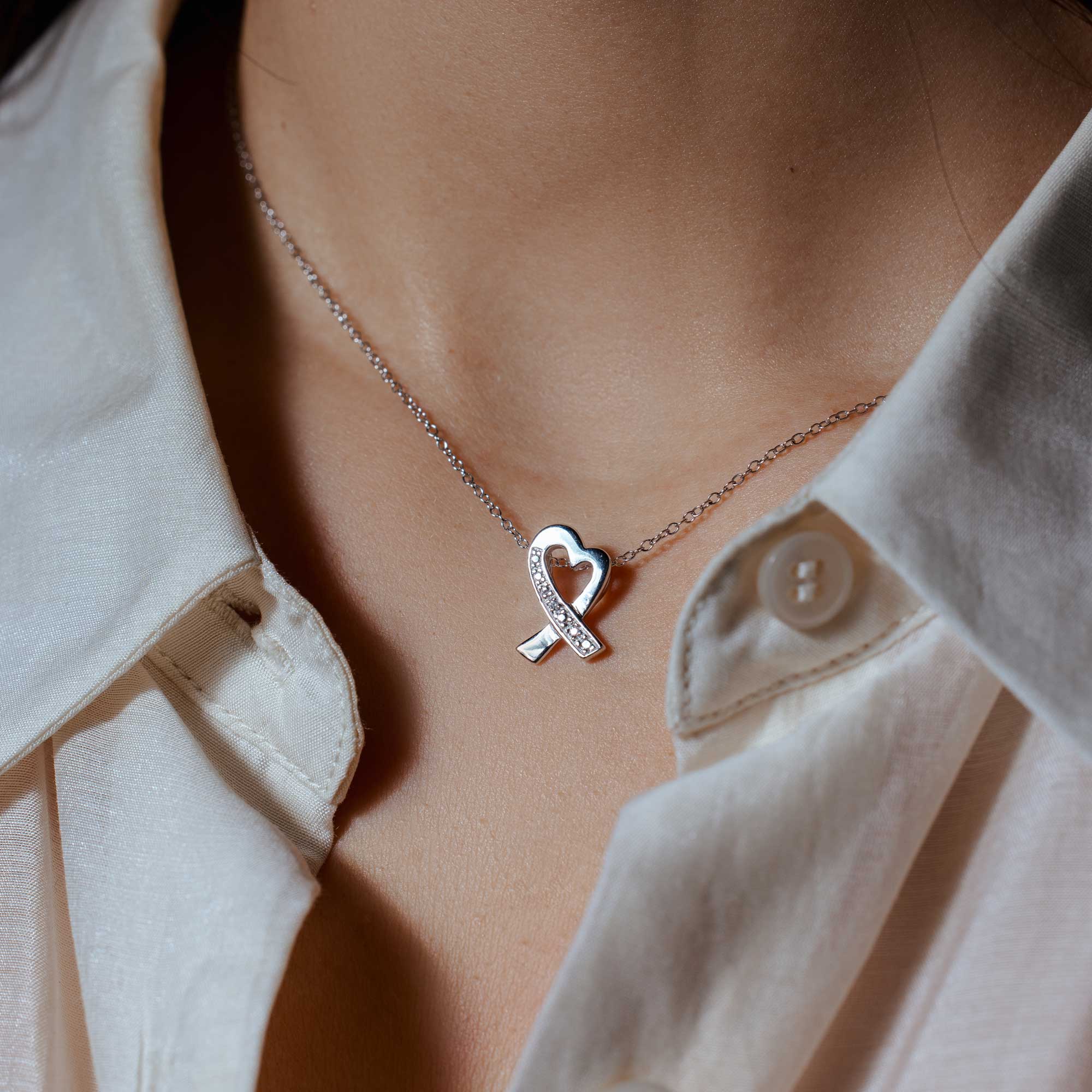 Silver 925 Clear CZ Rhodium Plated Pretzel Heart Pendant Necklace - STP00218